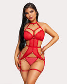 Red mesh cut-out teddy with underwire cups and ring-linked garter straps