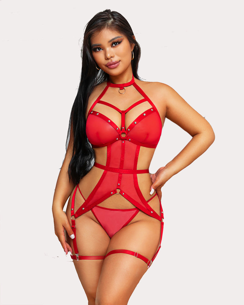 Red mesh cut-out teddy with underwire cups and ring-linked garter straps