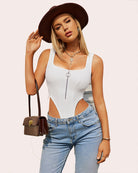 White zip-front high-cut tank leotard bodysuit with narrow shoulder straps