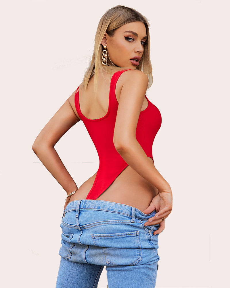 Red high-cut zip-front tank bodysuit with fitted sides and zip detail