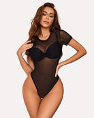 Solid black sheer mesh bodysuit with short sleeves, scoop neck, and thong bottom