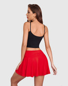 Red high-waist pleated mini skirt with drawstring tie at the gathered waist