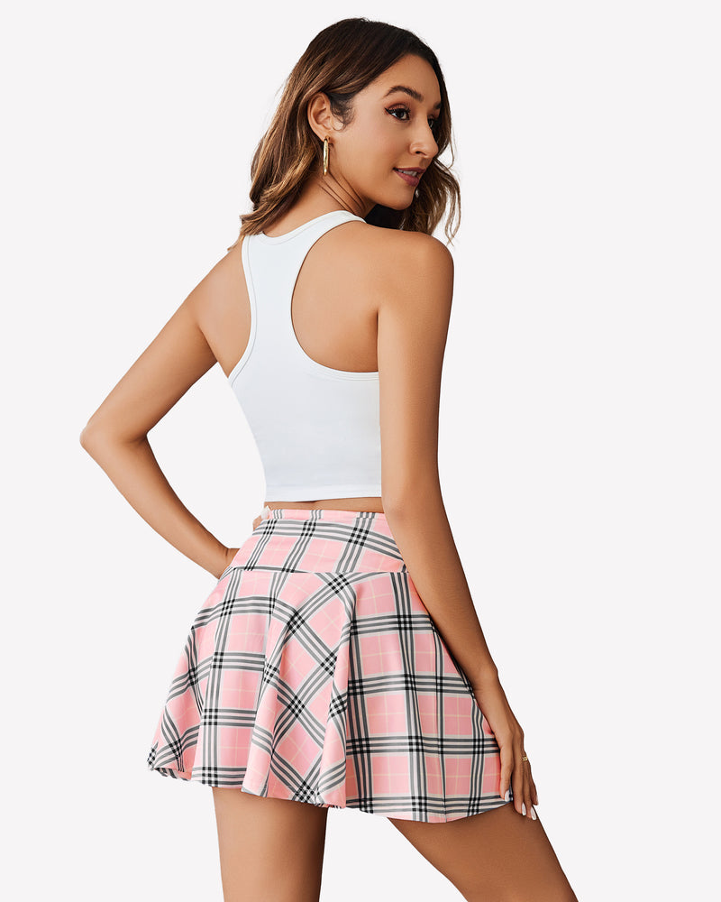 Pink, white, and black plaid high-waist pleated mini skirt with drawstring waist tie