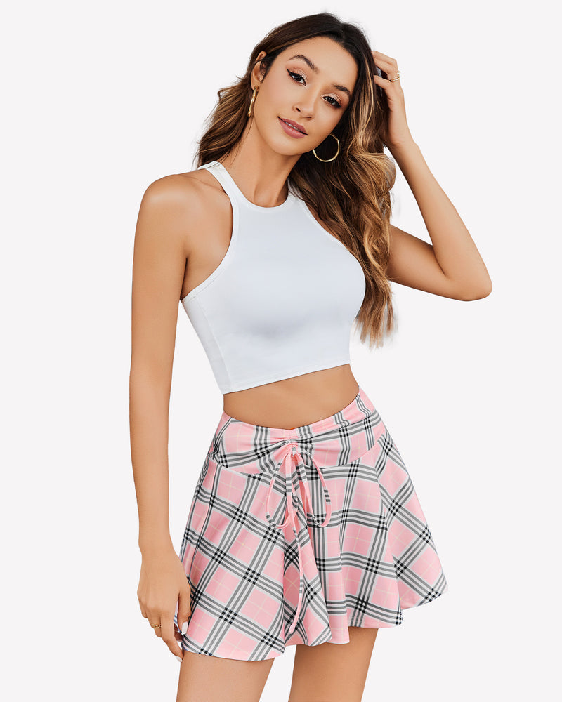 Pleated drawstring high-waist skirt, pink plaid with bow at waistband