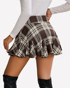 High-waist pleated ruffle skirt in brown and cream plaid