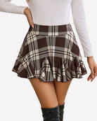 High-waist pleated ruffle skirt in brown plaid with flared hem