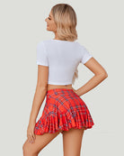 High-waist pleated ruffle skirt in red plaid with gathered hem