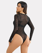 Black sheer geometric cube-print long-sleeve zipper bodysuit, side view
