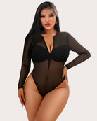 Black sheer bodysuit with long sleeves, zip front, and molded bust detail, high-cut.