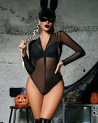 Black sheer zipper bodysuit with long sleeves and thong coverage