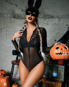 Black sheer long-sleeve zipper bodysuit with plunging neckline and thong fit