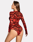 Red sheer bodysuit with long sleeves and front zipper, geometric web print