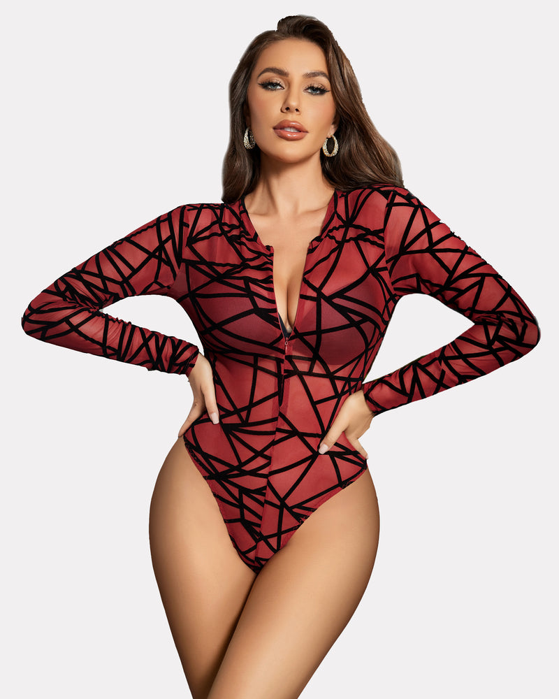 Leopard zipper sheer bodysuit in red and black geometric print, long sleeves
