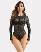 Black sheer long-sleeve zipper bodysuit with abstract animal pattern