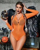 Orange sheer bodysuit with long sleeves and front zipper, patterned mesh