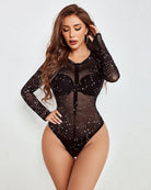 Constellation sheer bodysuit with front zipper, long sleeves, star print