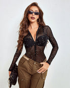 Starry constellation sheer bodysuit with front zipper and long sleeves
