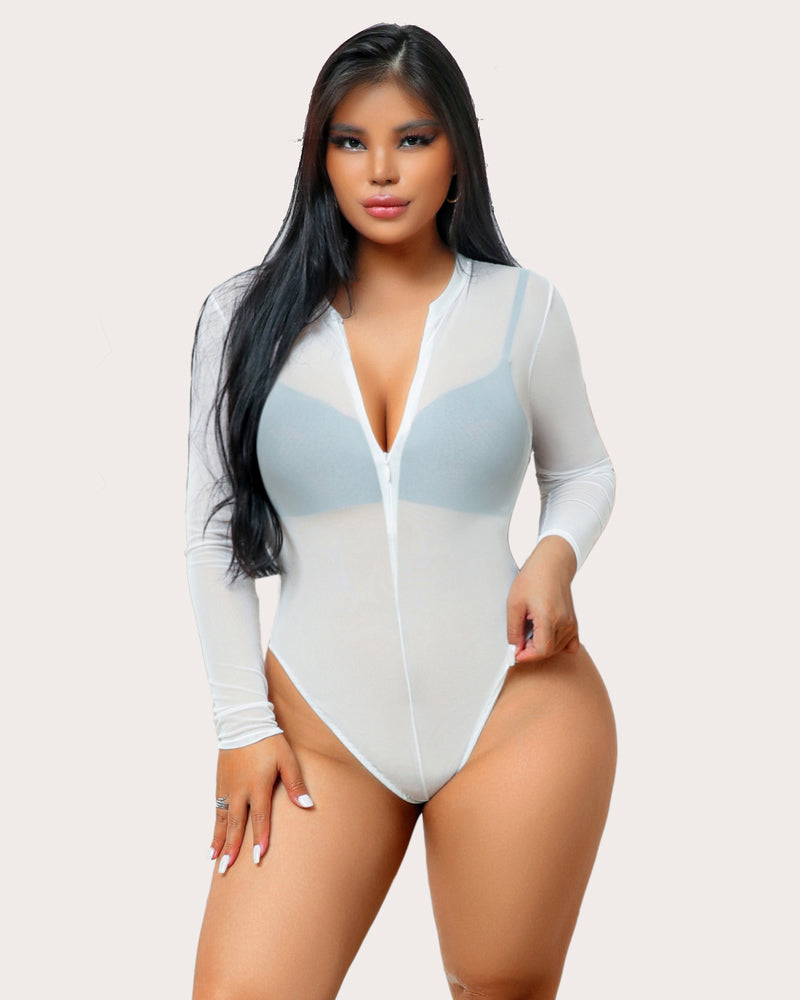White sheer bodysuit with long sleeves and zip front, deep V neckline, high-cut.