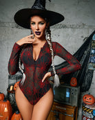 Red sheer bodysuit with long sleeves and front zipper, spiderweb print
