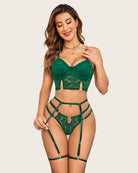 Green lace push-up bra with floral garter panty, thigh straps, and waist straps
