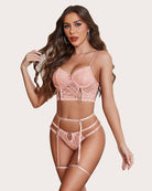 Floral lace push-up bra and panty set in light pink with garter straps