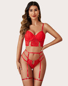 Floral lace push-up bra and panty set with garter straps and thigh bands, red