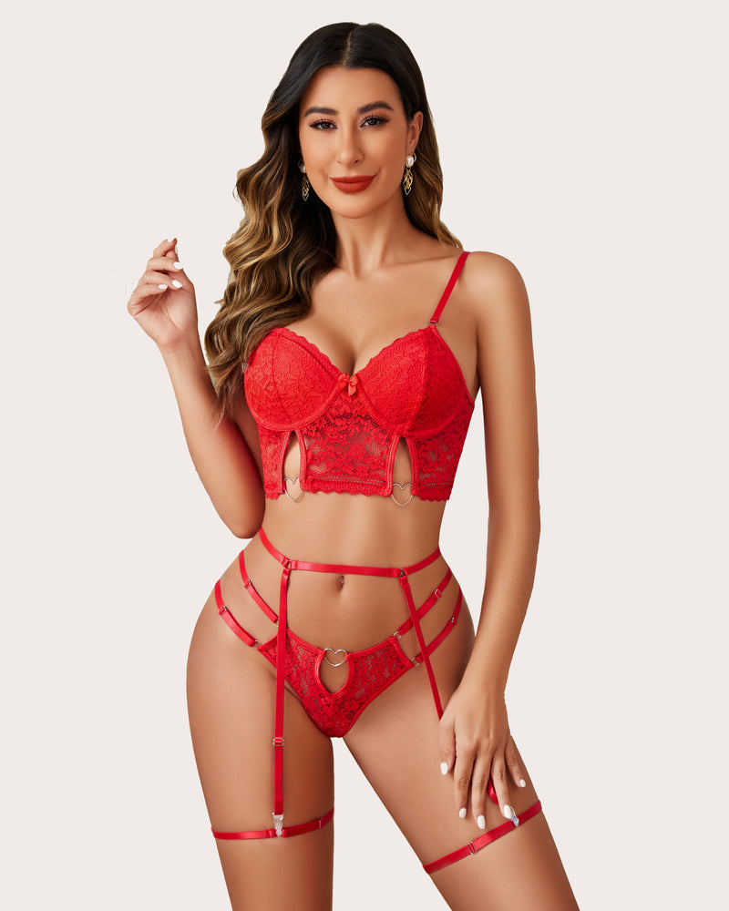Red 4-piece push-up lingerie set with lace bra, strappy panties, and garters