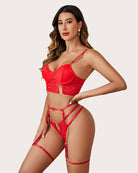 Floral lace push-up bra and panty set with garter straps, red, side view