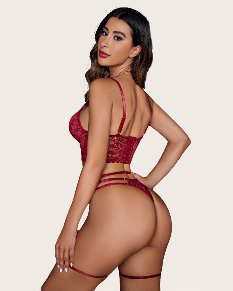 Wine red lace lingerie set back view: bra, garter straps, thong, suspender belt