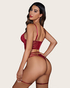 Floral lace bra and panty set in wine red, back view with garter straps