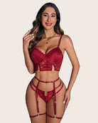 Floral lace push-up bra and panty set in wine red with garter straps