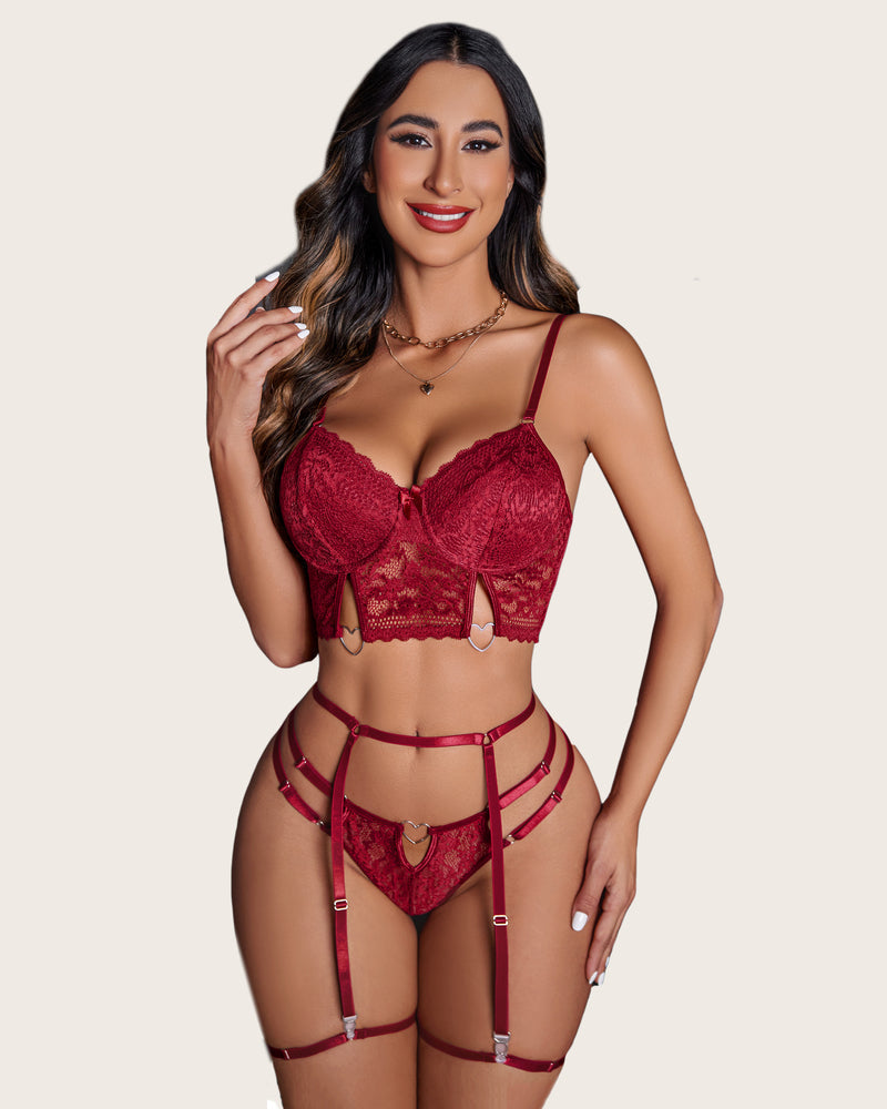 Floral lace push-up bra and panty set in wine red with garter straps