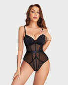 Black snap-crotch bodysuit with underwire cups, mesh center, choker chain