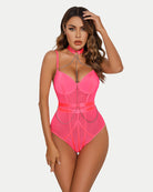 Fluorescence pink snap-crotch bodysuit with choker chain and mesh panels