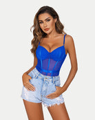 Sky blue snap-crotch bodysuit with underwire cups and choker chain