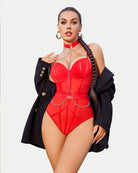 Red snap-crotch bodysuit with choker chain and mesh panel detailing