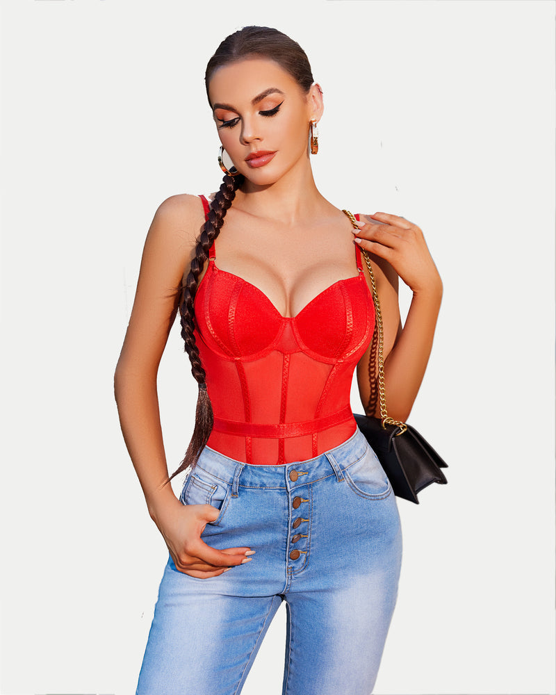 Red mesh snap-crotch bodysuit with underwire cups and gold choker chain