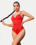 Red mesh snap-crotch bodysuit with underwire cups and shoulder straps; gold chain