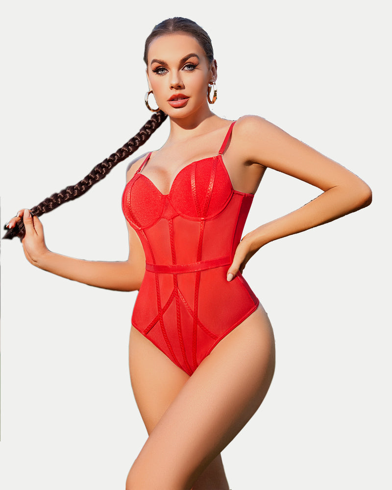 Red mesh snap-crotch bodysuit with underwire cups and shoulder straps; gold chain