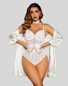 White mesh snap-crotch bodysuit with underwire cups, silver chain choker, and satin robe