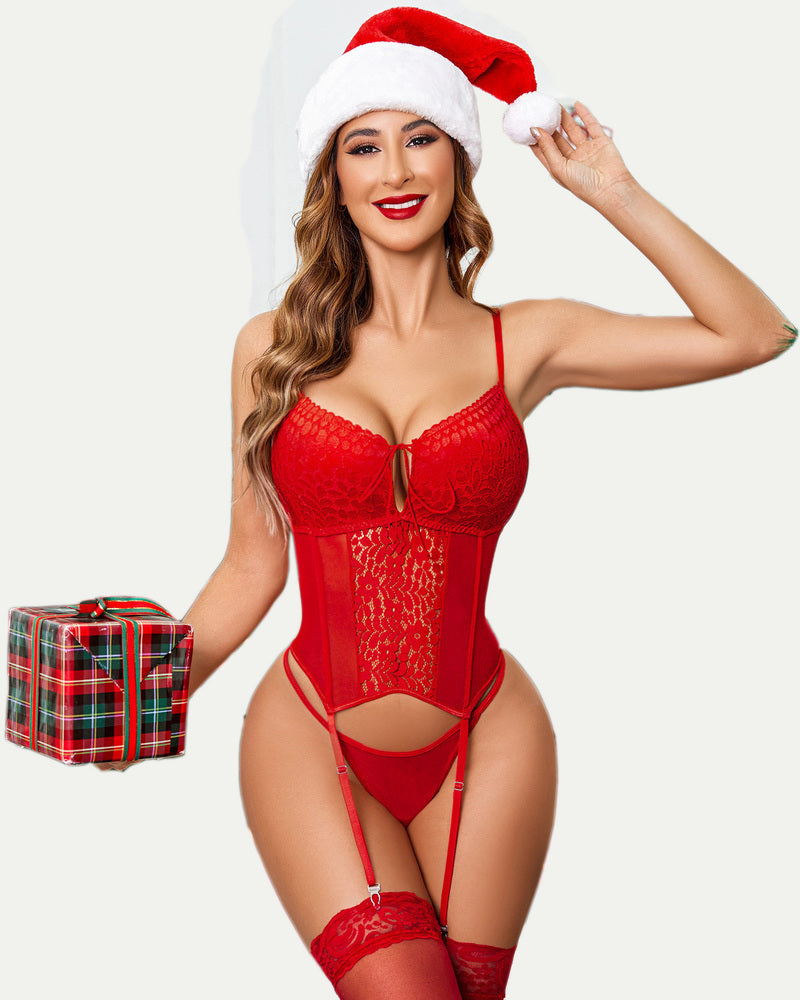 Red lace lingerie set with underwire bra, garter straps, and thong