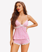 Pink heart print lace-trim pajama camisole and shorts set with V-neck bow