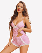 Pink heart print lace-trim pajama set with spaghetti straps and matching shortie bottoms