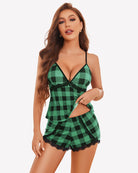 Green plaid lace-trim pajama camisole and shorts set with V-neck and ruffles
