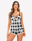 Black and white plaid lace-trim pajama set with V-neck and matching shorts
