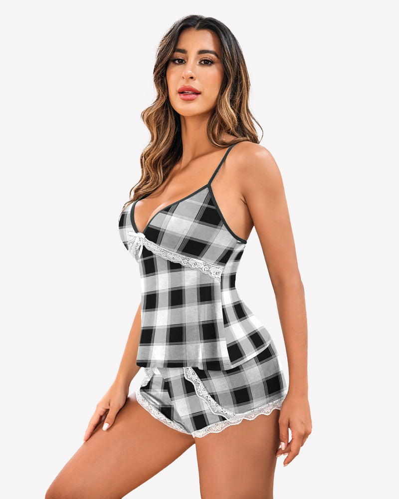 Black and white plaid lace-trim pajama set with spaghetti straps and matching shorts