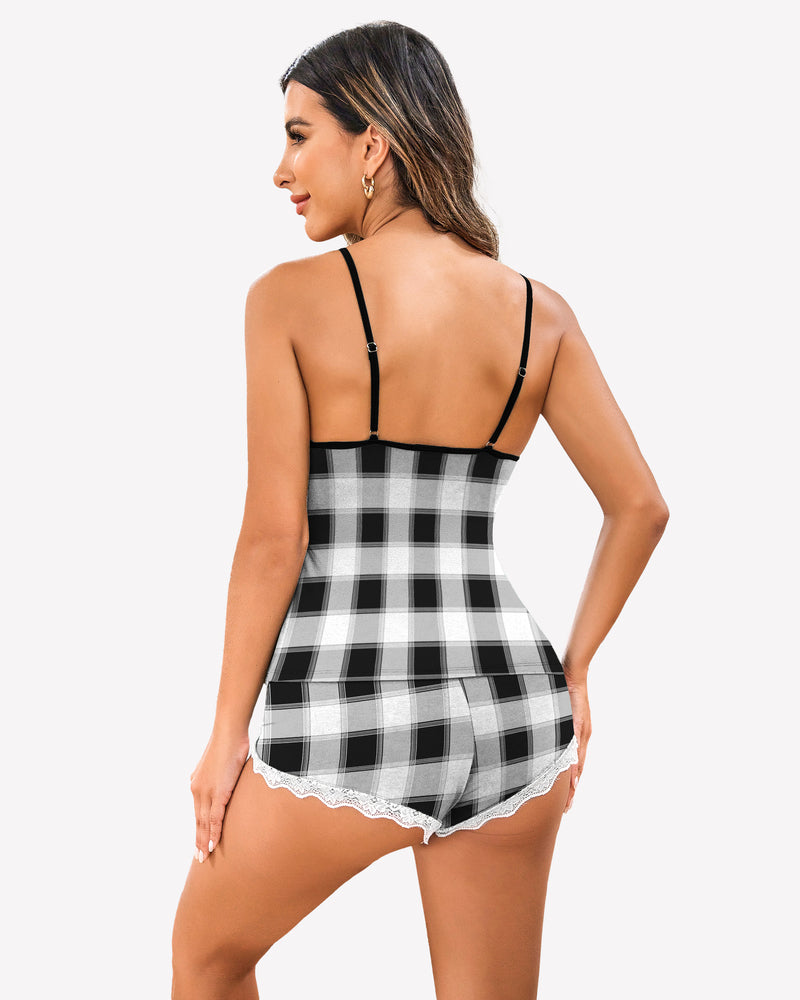 Black and white plaid lace-trim pajama set from back view with adjustable straps