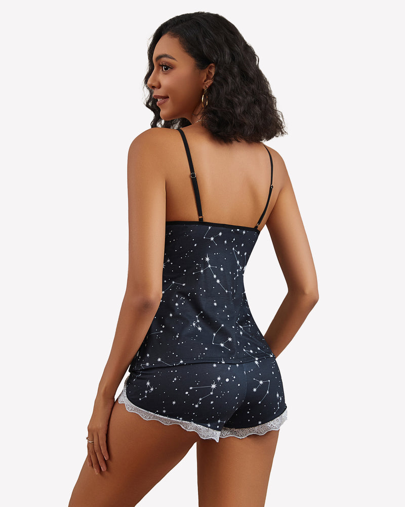Navy star print lace-trim pajama set from back view with spaghetti straps