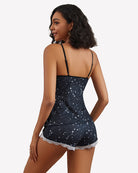 Navy star print lace-trim pajama set from back view with spaghetti straps