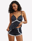 Navy star print lace-trim pajama set with V-neck and matching shortie bottoms